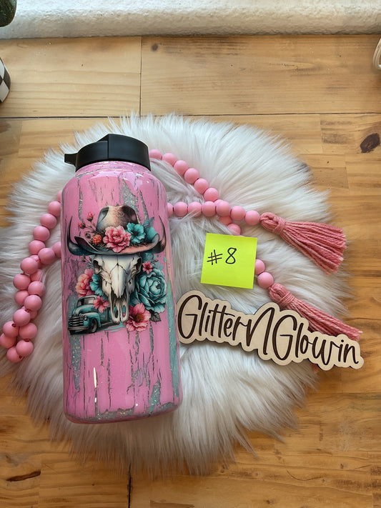 8. 32 oz Hydro bottle– Capri Sea Crackle w/ cow skull