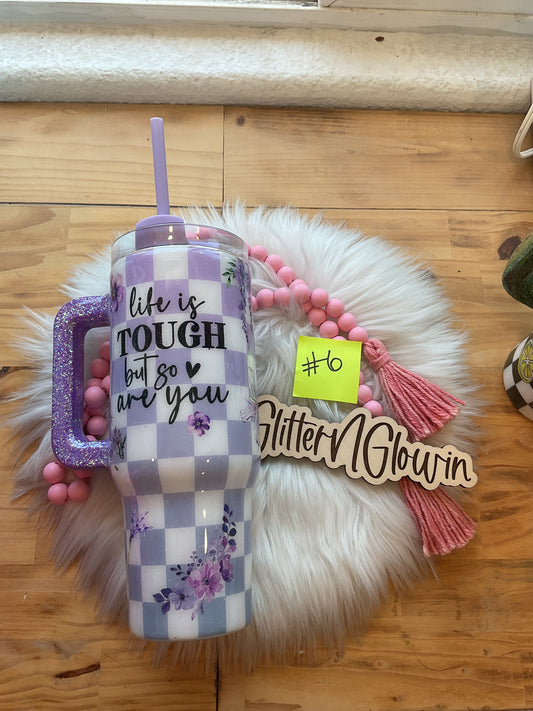 6. 40 oz Handle – Purple checkered w/ flowers and inspirational quotes