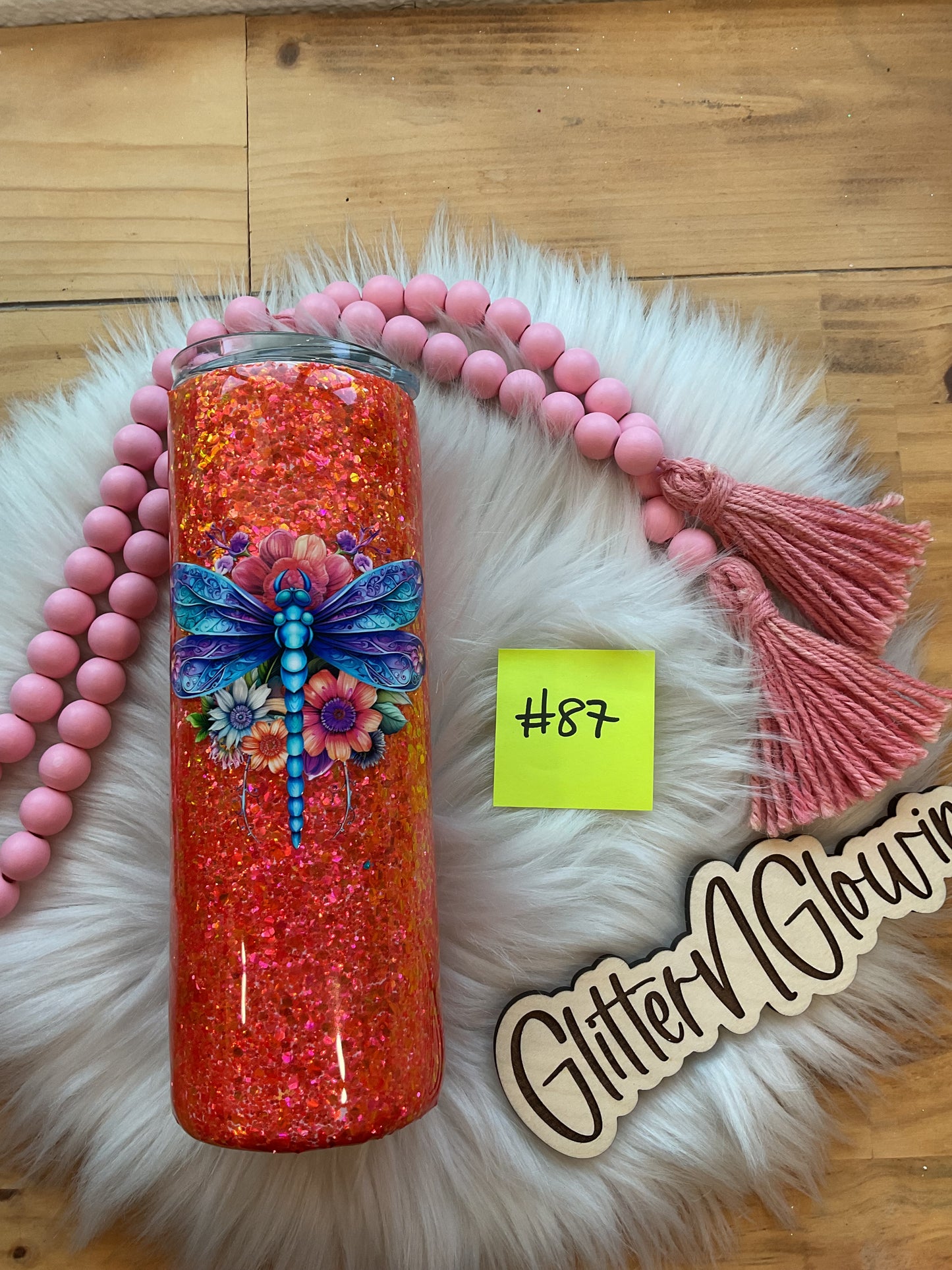 87. 20oz Skinny – Sunset Sorbet glitter w/ dragonfly decal