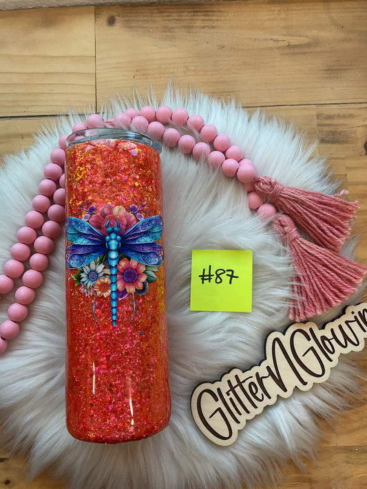 87. 20oz Skinny – Sunset Sorbet glitter w/ dragonfly decal