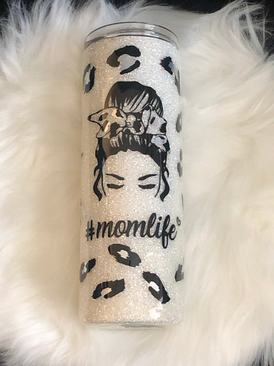 Momlife White and Silver Cheetah Tumbler