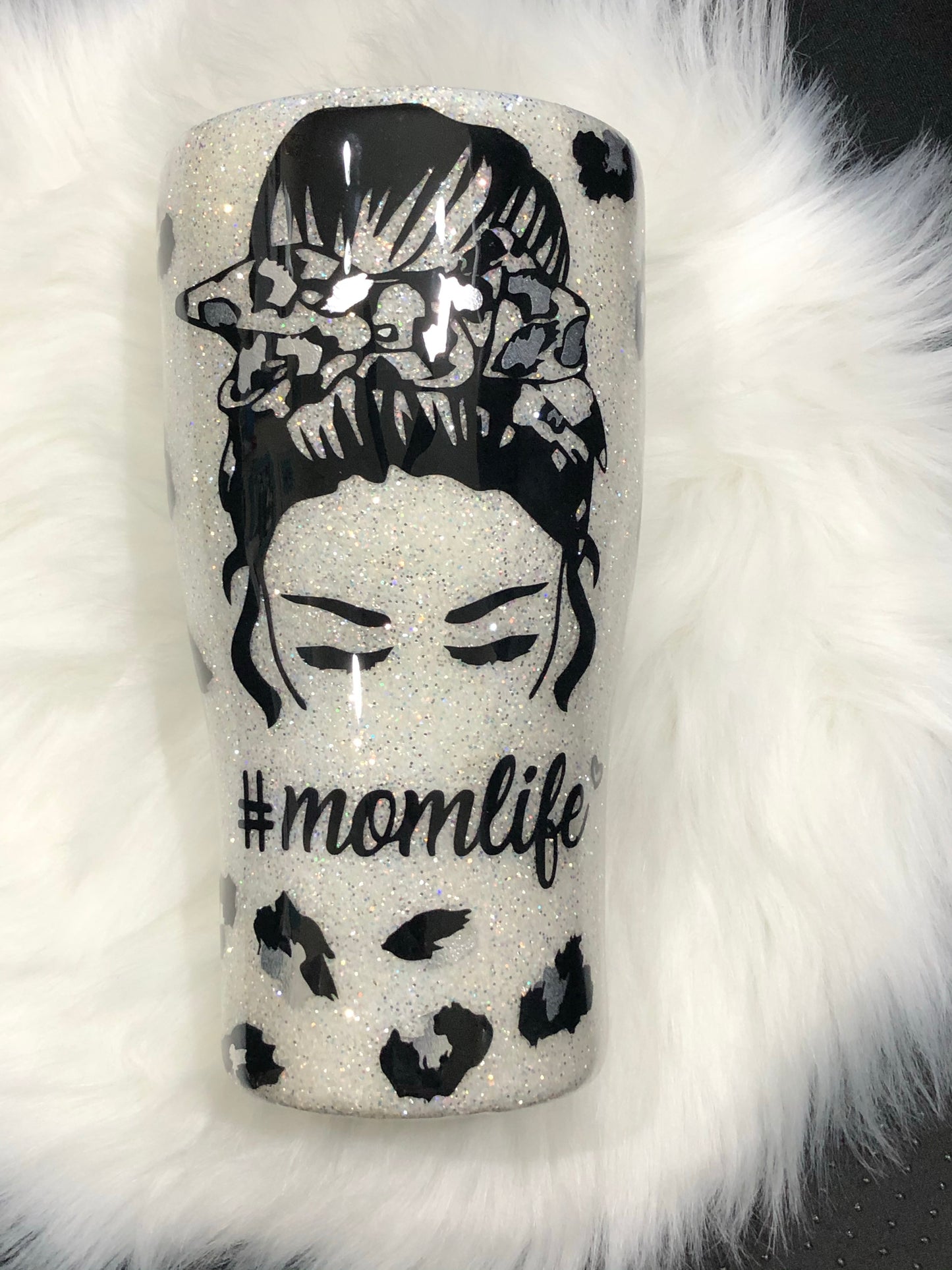 Momlife White and Silver Cheetah Tumbler